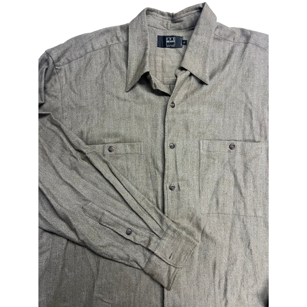 Ike Behar Mens Large Herringbone Button Down Flannel‎ Shirt USA Made Taupe Gray